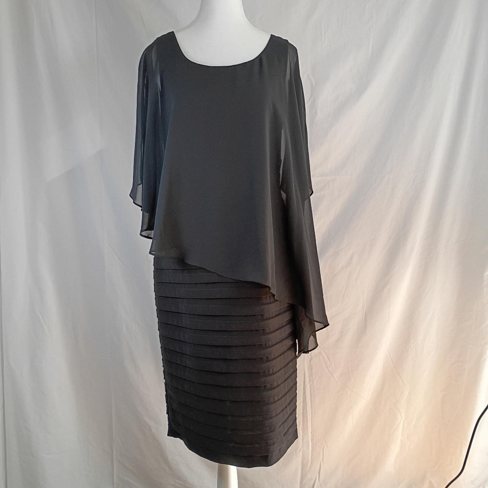 ADRIANNA PAPELL Chiffon Drape Overlay Shutter Pleat Sheath Dress Black Size 12